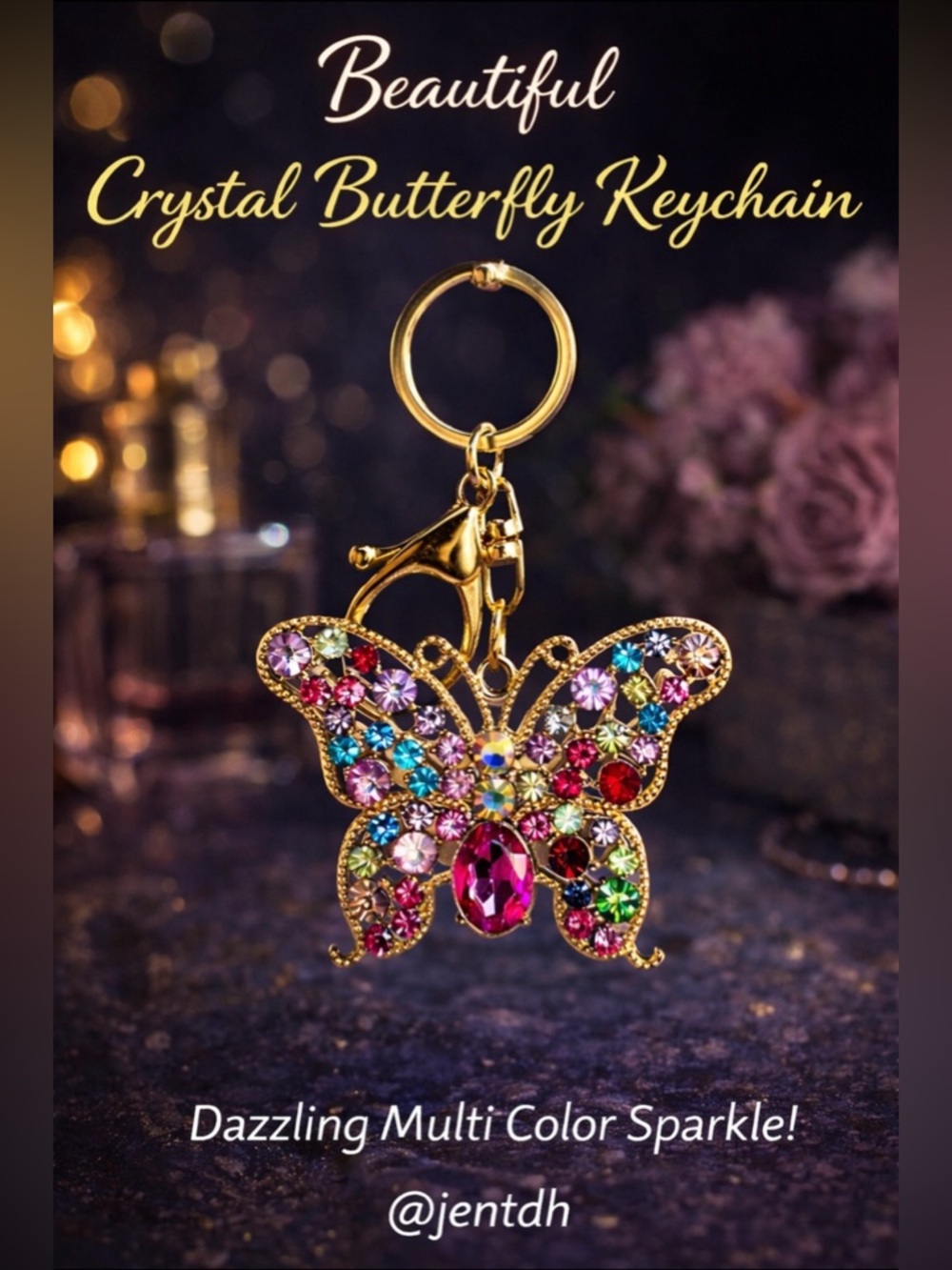 Multicolor Butterfly Keychain in Gold Tone